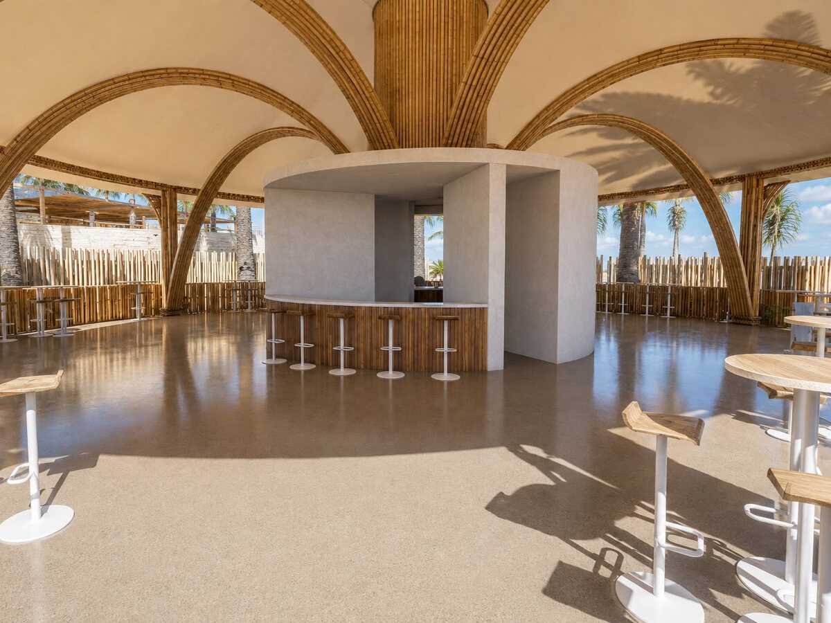 Barra circular del bar de AQUALODGE bajo bóvedas de bambú