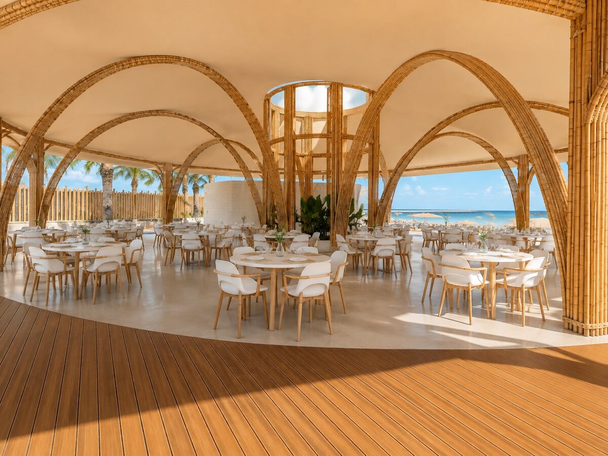 Salón principal del restaurante de AQUALODGE bajo bóvedas de bambú