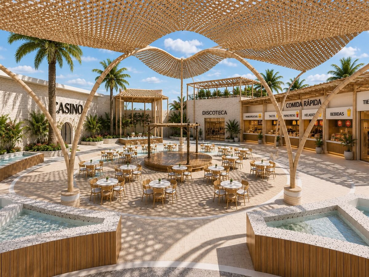 Patio central de AquaPlaza con zona de comida rápida y mesas a la sombra