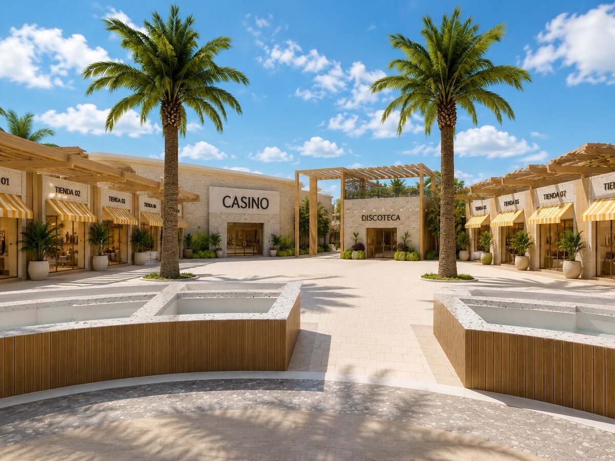 Calle de tiendas de AquaPlaza con palmeras, casino y discoteca al fondo