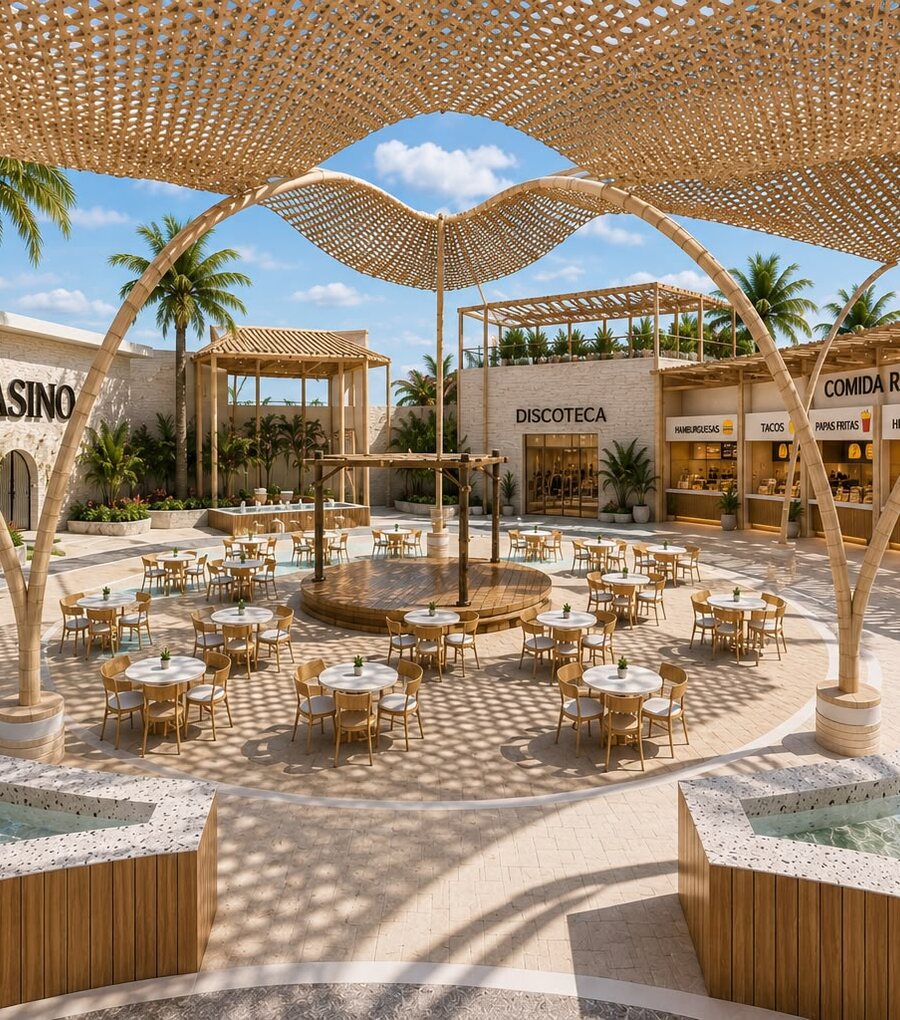 Patio central de AquaPlaza con mesas a la sombra de la celosía, tiendas y casino alrededor