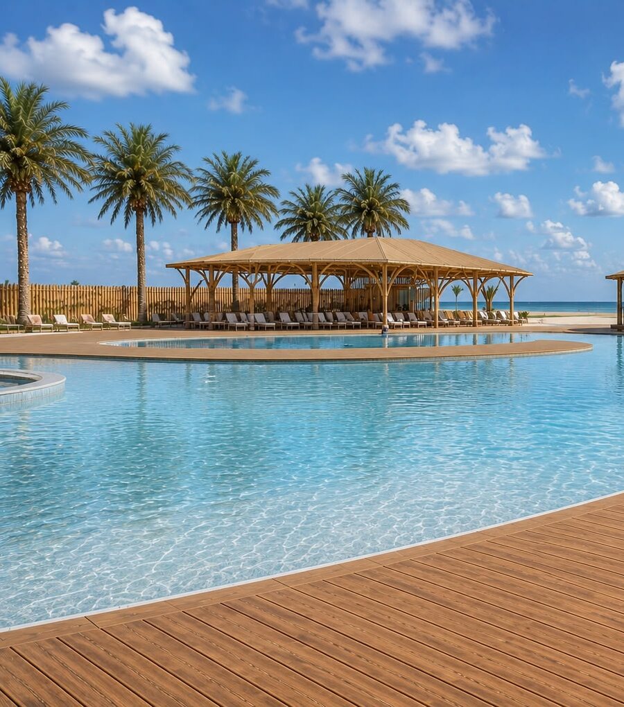 Zona de piscinas y camastros de AQUALODGE frente al mar de Tumbes