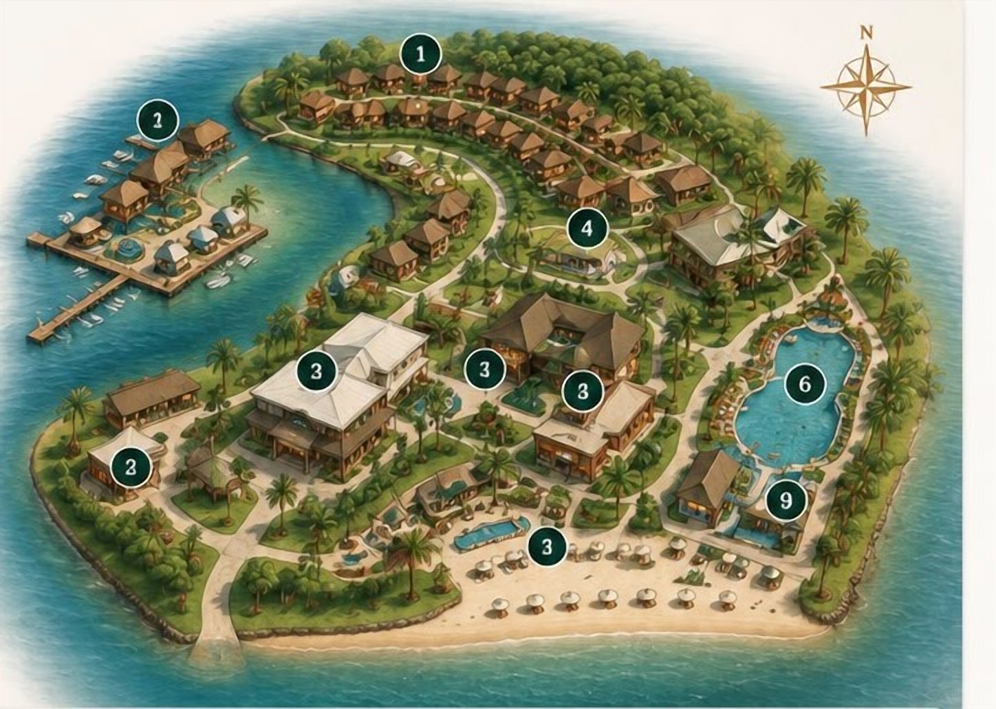 Mapa ilustrado del resort AQUALODGE — imagen referencial con las 10 áreas del complejo