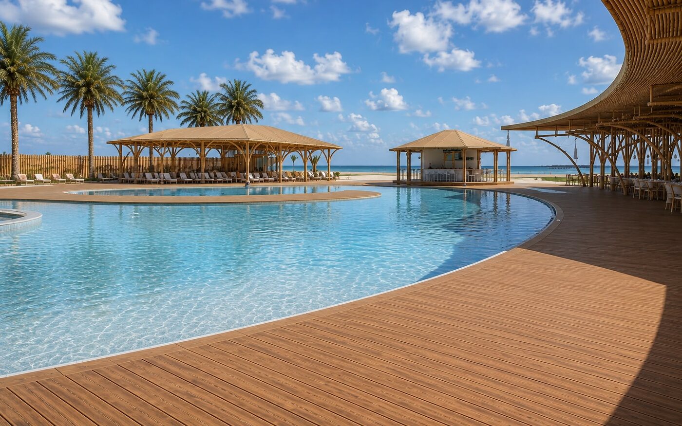 Camastros y palapas junto a la piscina de AQUALODGE frente a la playa, Tumbes