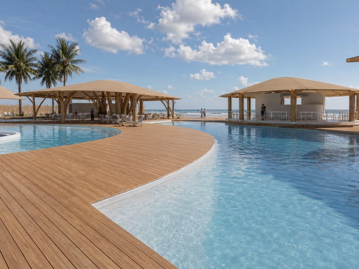Piscina infinita de AQUALODGE con el borde abierto hacia la playa de Playa Hermosa, Tumbes