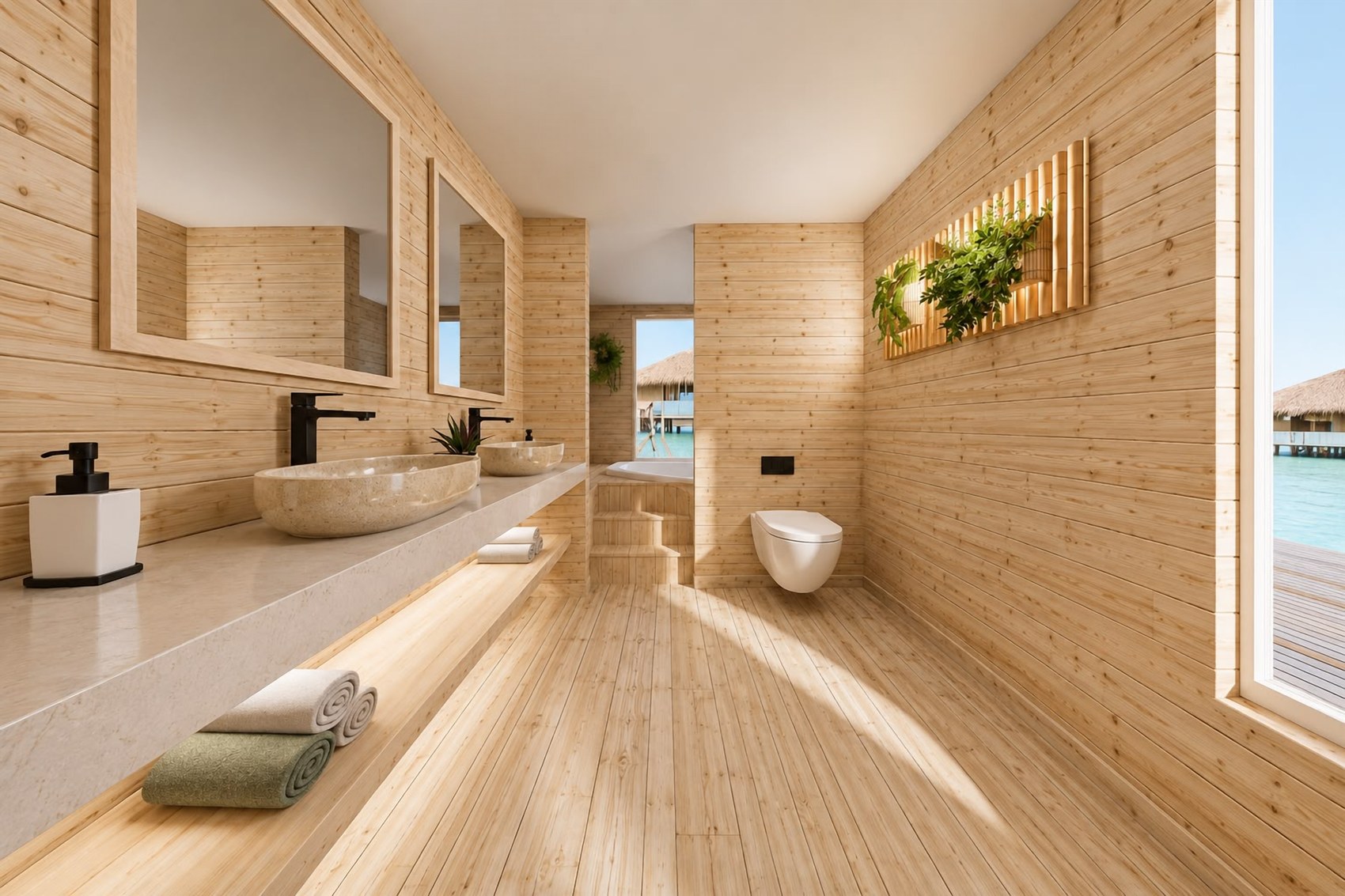 Bano del Bungalow Deluxe con doble lavabo — AQUALODGE